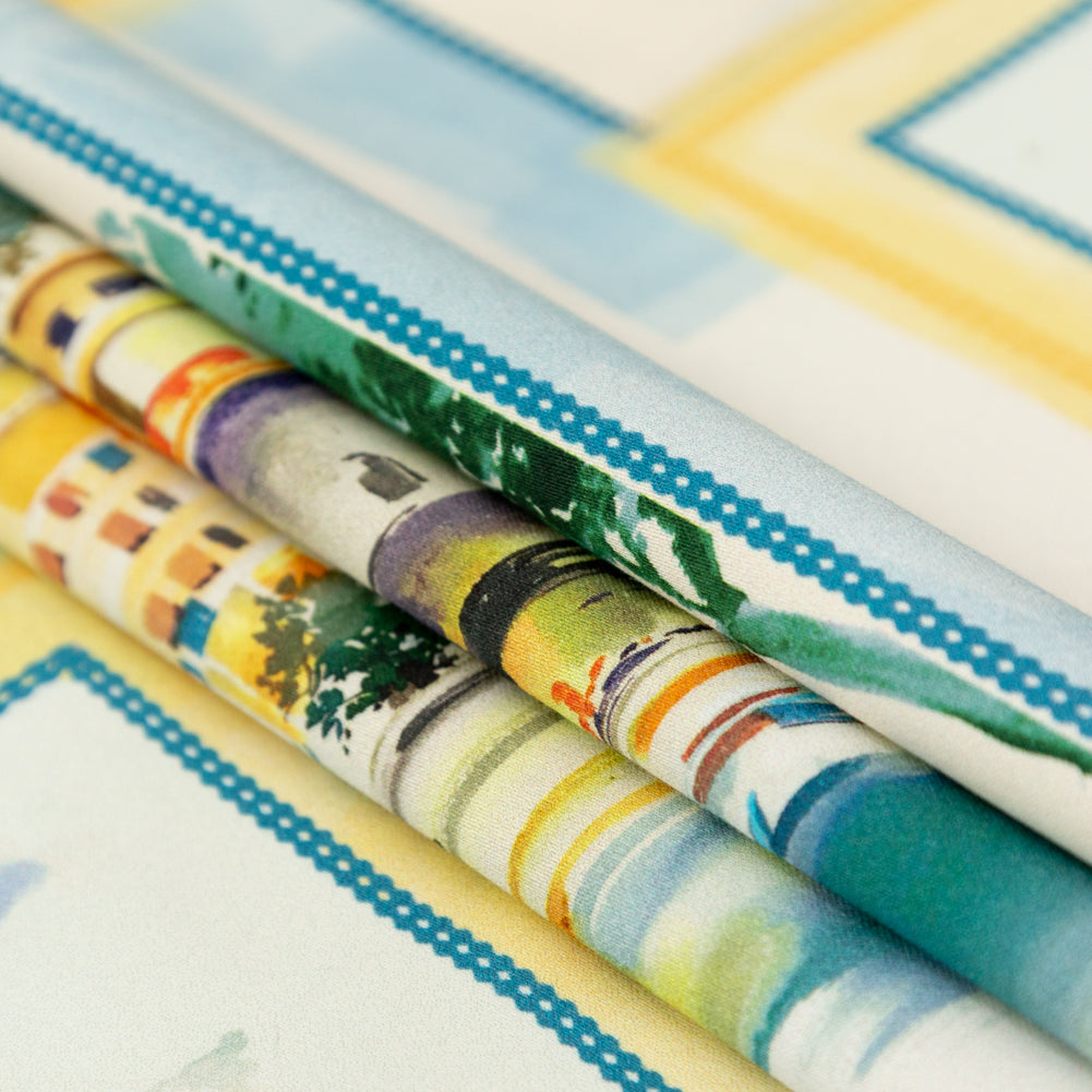 Stretch Cotton Sateen - Blue and Yellow Waterscapes - Palace Regattas Print - Mood Exclusive St. Tropez Collection - Folded Stretch Cotton Sateen - Blue and Yellow Waterscapes - Palace Regattas Print - Mood Exclusive St. Tropez Collection - Folded