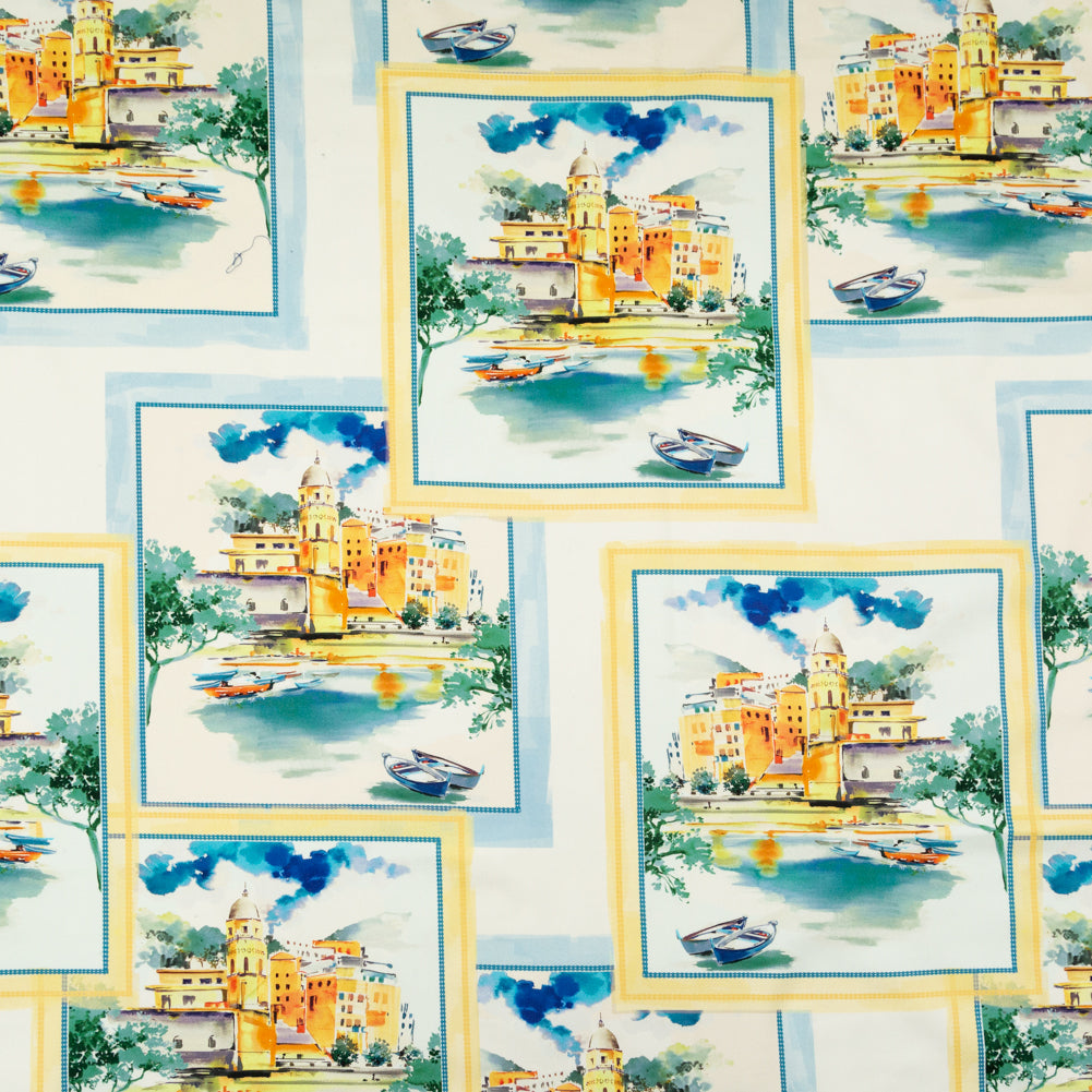 Stretch Cotton Sateen - Blue and Yellow Waterscapes - Palace Regattas Print - Mood Exclusive St. Tropez Collection Stretch Cotton Sateen - Blue and Yellow Waterscapes - Palace Regattas Print - Mood Exclusive St. Tropez Collection