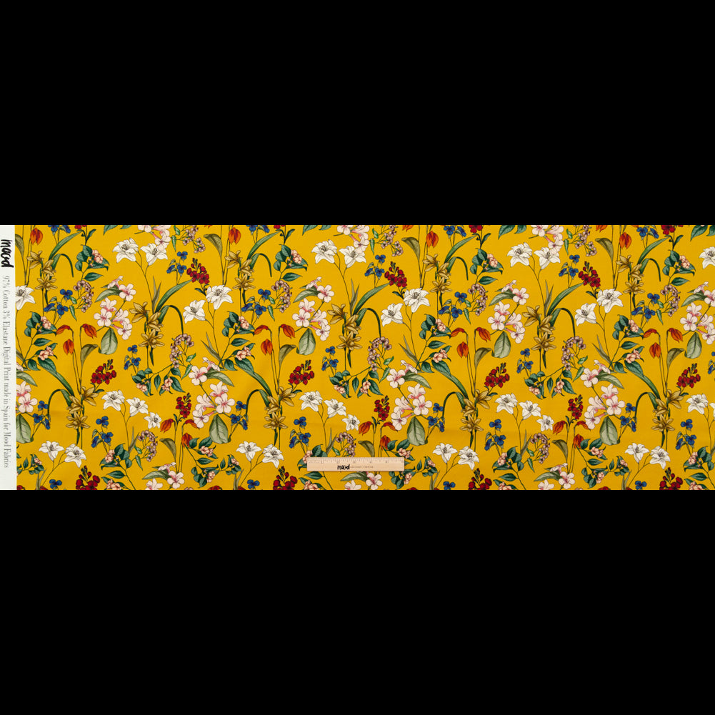 Stretch Cotton Sateen - Yellow Floral - Mediterranean Dreams Print - Mood Exclusive St. Tropez Collection - Full Stretch Cotton Sateen - Yellow Floral - Mediterranean Dreams Print - Mood Exclusive St. Tropez Collection - Full