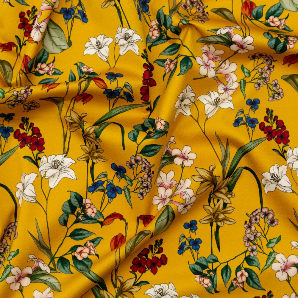 Stretch Cotton Sateen - Yellow Floral - Mediterranean Dreams Print - Mood Exclusive St. Tropez Collection Stretch Cotton Sateen - Yellow Floral - Mediterranean Dreams Print - Mood Exclusive St. Tropez Collection