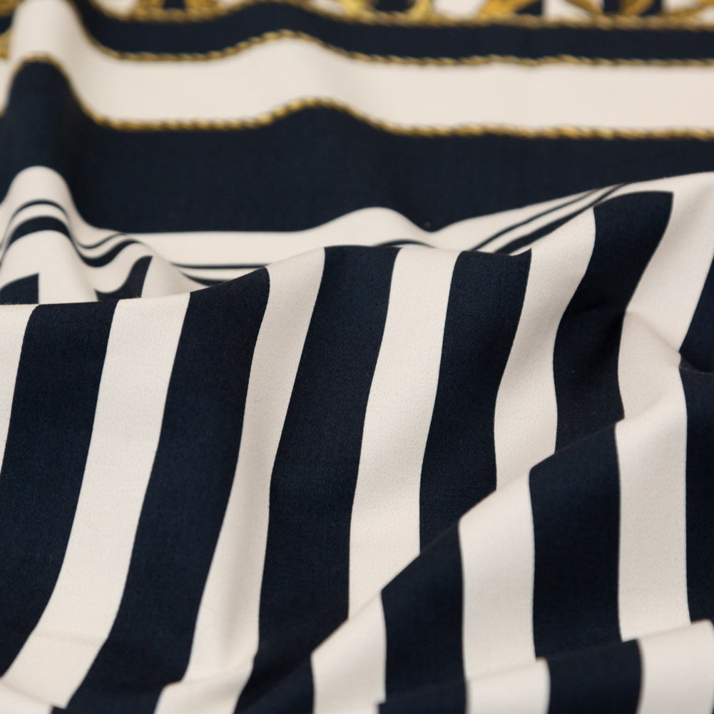 Stretch Cotton Sateen Panel - Ship Wheels and Stripes - Maritime Adornments Print - Mood Exclusive St. Tropez Collection - Detail Stretch Cotton Sateen Panel - Ship Wheels and Stripes - Maritime Adornments Print - Mood Exclusive St. Tropez Collection - Detail