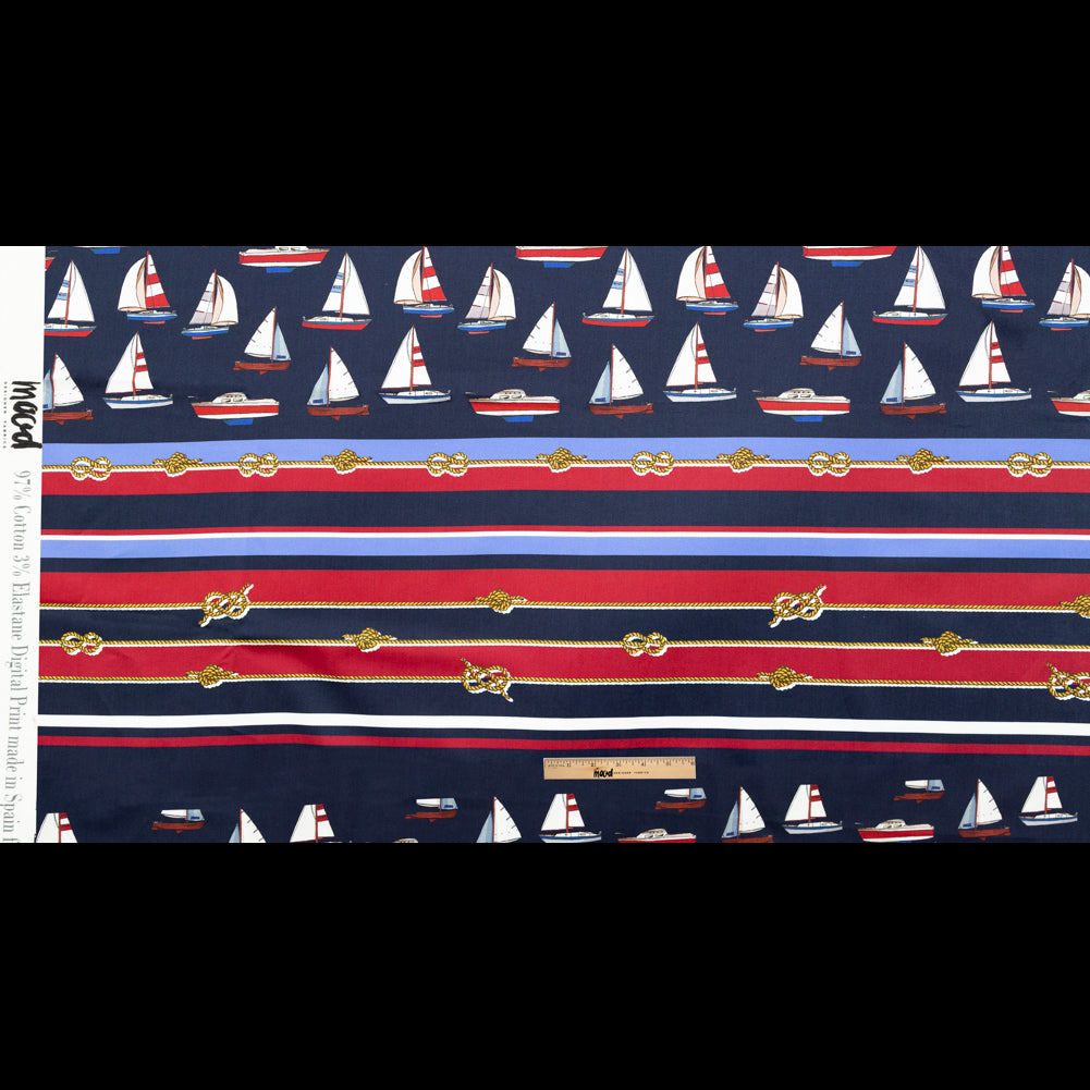 Stretch Cotton Sateen Panel - Red, White and Blue Sailboats and Stripes - Shipyard Surveys Print - Mood Exclusive St. Tropez Collection - Full Stretch Cotton Sateen Panel - Red, White and Blue Sailboats and Stripes - Shipyard Surveys Print - Mood Exclusive St. Tropez Collection - Full