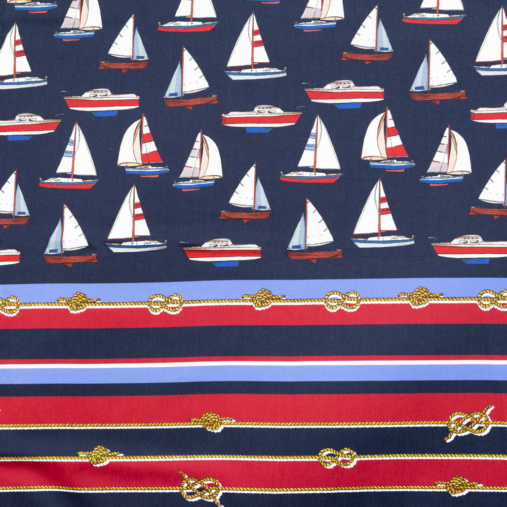Stretch Cotton Sateen Panel - Red, White and Blue Sailboats and Stripes - Shipyard Surveys Print - Mood Exclusive St. Tropez Collection Stretch Cotton Sateen Panel - Red, White and Blue Sailboats and Stripes - Shipyard Surveys Print - Mood Exclusive St. Tropez Collection