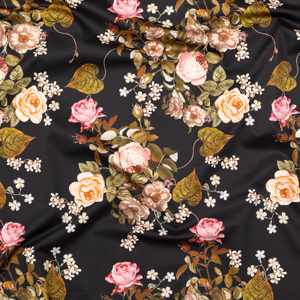 Stretch Cotton Sateen - Black Floral - Blossoms of the Heart Print - Mood Exclusive Kenko Collection Stretch Cotton Sateen - Black Floral - Blossoms of the Heart Print - Mood Exclusive Kenko Collection