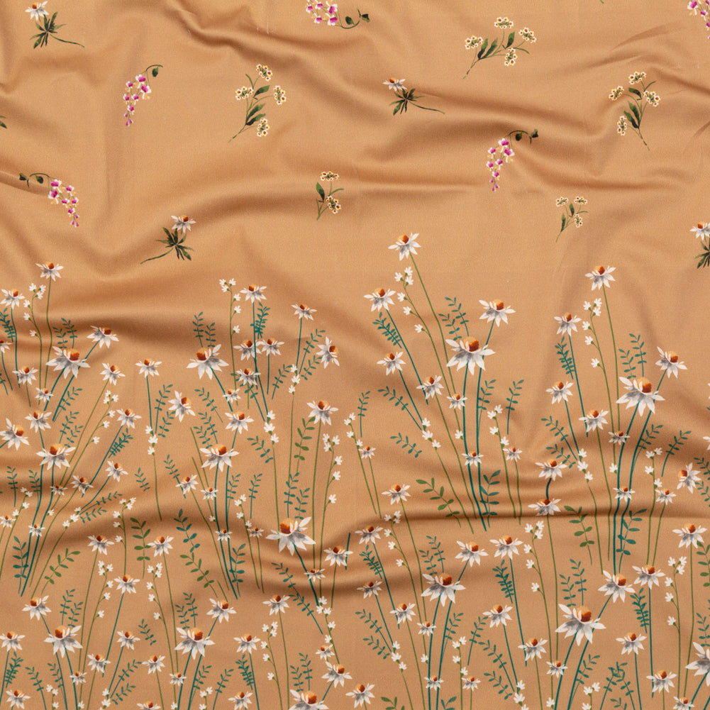 Stretch Cotton Sateen Panel - Brown Sugar Daisy Flowers - Growing Distant Print - Mood Exclusive Kenko Collection Stretch Cotton Sateen Panel - Brown Sugar Daisy Flowers - Growing Distant Print - Mood Exclusive Kenko Collection
