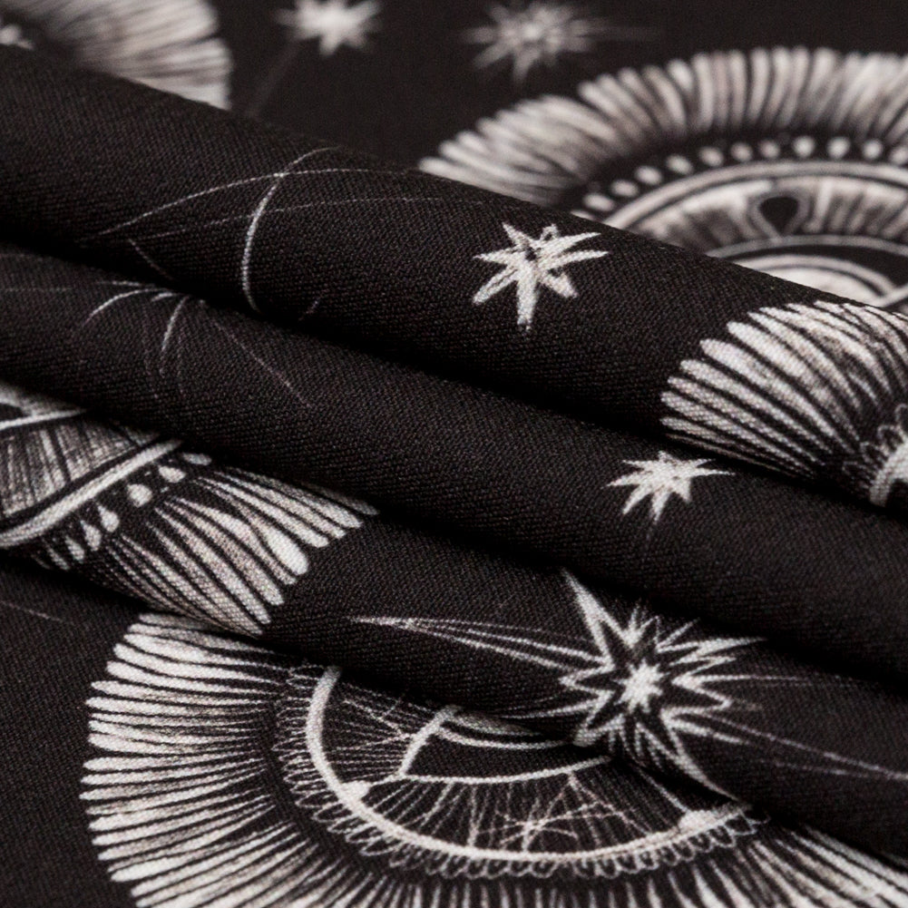 Stretch Polyester Crepe - Black and White Celestial Eyes - Night Side of Nature Print - Mood Exclusive Crow Collection - Folded Stretch Polyester Crepe - Black and White Celestial Eyes - Night Side of Nature Print - Mood Exclusive Crow Collection - Folded