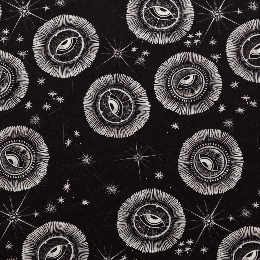 Stretch Polyester Crepe - Black and White Celestial Eyes - Night Side of Nature Print - Mood Exclusive Crow Collection Stretch Polyester Crepe - Black and White Celestial Eyes - Night Side of Nature Print - Mood Exclusive Crow Collection