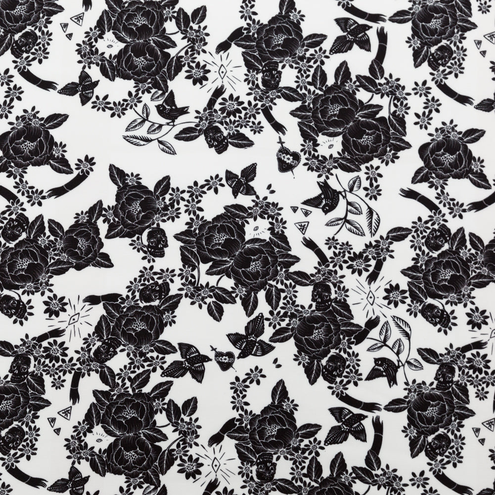 Stretch Polyester Crepe - White and Black Roses - Prophetic Dreams Print - Mood Exclusive Crow Collection Stretch Polyester Crepe - White and Black Roses - Prophetic Dreams Print - Mood Exclusive Crow Collection
