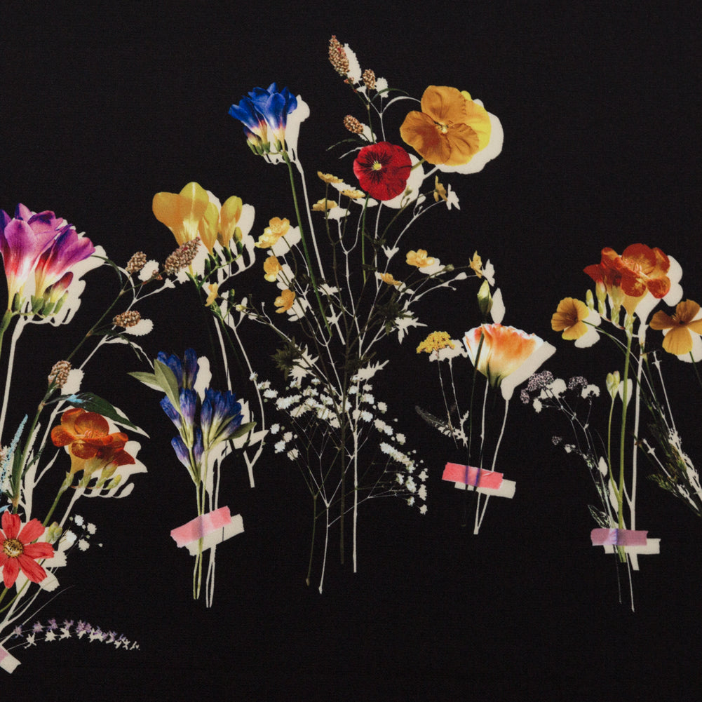 Stretch Polyester Crepe Panel - Black and Rainbow Floral - The Power of Will Print - Mood Exclusive Crow Collection Stretch Polyester Crepe Panel - Black and Rainbow Floral - The Power of Will Print - Mood Exclusive Crow Collection