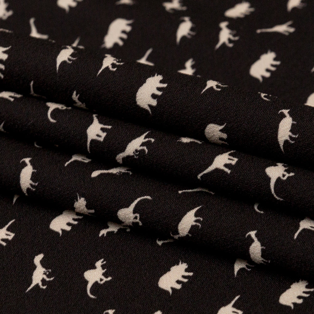 Stretch Polyester Crepe - Black and White Dinosaurs - Allegorical Dreams and Presentiments Print - Mood Exclusive Crow Collection - Folded Stretch Polyester Crepe - Black and White Dinosaurs - Allegorical Dreams and Presentiments Print - Mood Exclusive Crow Collection - Folded