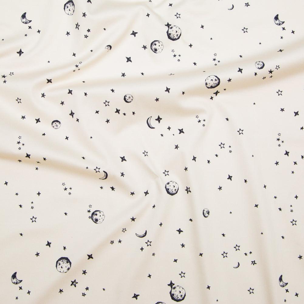 Stretch Cotton Sateen - White Stars and Moons - Garde Chasse Print - Mood Exclusive Crow Collection Stretch Cotton Sateen - White Stars and Moons - Garde Chasse Print - Mood Exclusive Crow Collection