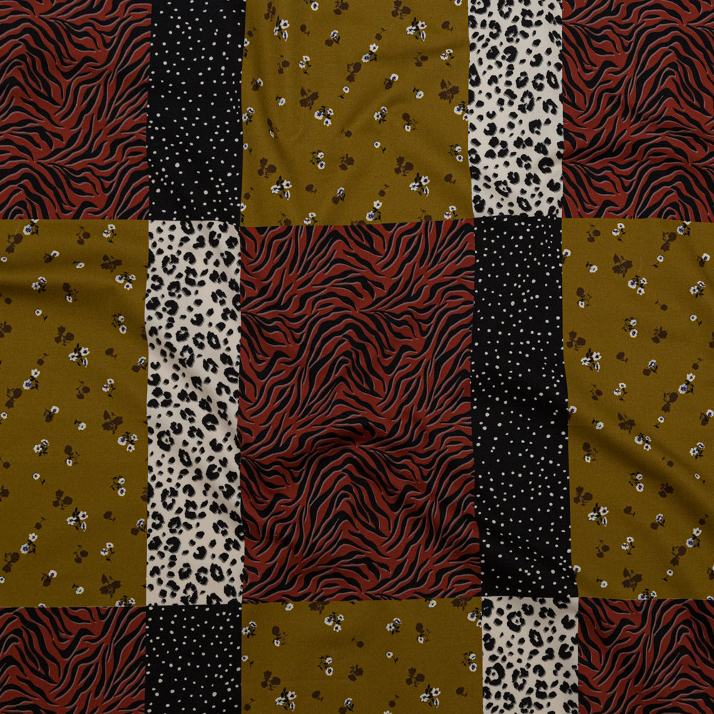 Stretch Cotton Sateen - Yellow, Red and Black Patchwork - Tiled Coalescence Print - Mood Exclusive Serengeti Collection Stretch Cotton Sateen - Yellow, Red and Black Patchwork - Tiled Coalescence Print - Mood Exclusive Serengeti Collection