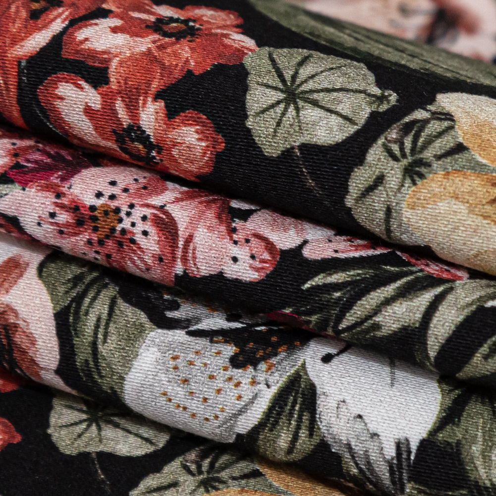 Stretch Cotton Sateen - Black Flowers - Floral Overflow Print - Mood Exclusive Serengeti Collection - Folded Stretch Cotton Sateen - Black Flowers - Floral Overflow Print - Mood Exclusive Serengeti Collection - Folded