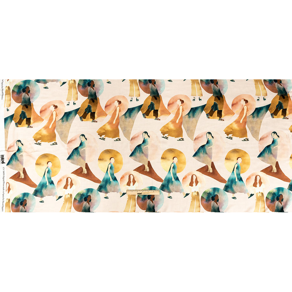 Rayon Challis - Multi Watercolor Figures and Shapes - Wayfaring Woman Print - Mood Exclusive Tumunyana Collection Full Rayon Challis - Multi Watercolor Figures and Shapes - Wayfaring Woman Print - Mood Exclusive Tumunyana Collection Full