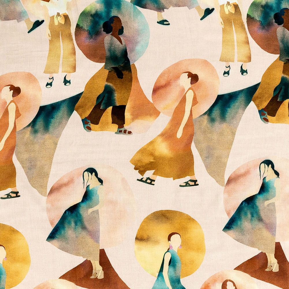 Rayon Challis - Multi Watercolor Figures and Shapes - Wayfaring Woman Print - Mood Exclusive Tumunyana Collection Rayon Challis - Multi Watercolor Figures and Shapes - Wayfaring Woman Print - Mood Exclusive Tumunyana Collection