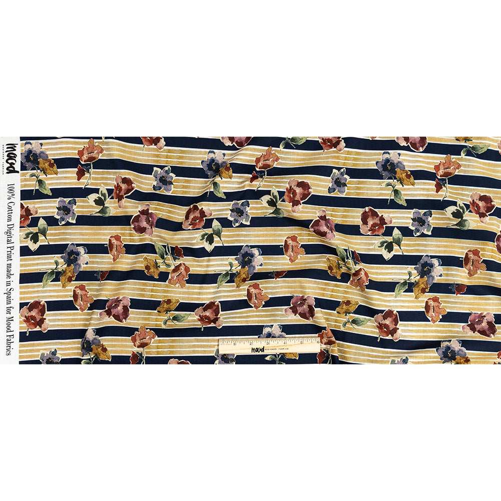 Cotton Voile - Yellow and Navy Floral over Stripes - Harmonious Hibiscus Print - Mood Exclusive Tumunyana Collection Full Cotton Voile - Yellow and Navy Floral over Stripes - Harmonious Hibiscus Print - Mood Exclusive Tumunyana Collection Full
