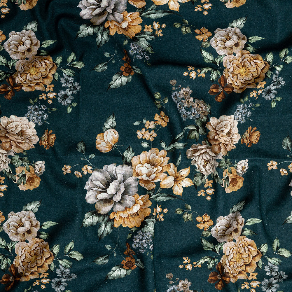 Linen and Rayon Woven - Teal and Orange Floral - Peony Prowess Print - Mood Exclusive Tumunyana Collection Linen and Rayon Woven - Teal and Orange Floral - Peony Prowess Print - Mood Exclusive Tumunyana Collection