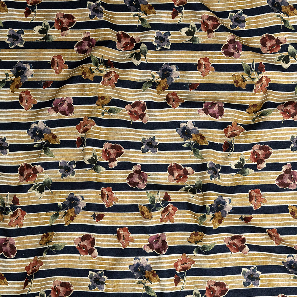 Linen and Rayon Woven - Yellow and Navy Floral over Stripes - Harmonious Hibiscus Print - Mood Exclusive Tumunyana Collection Linen and Rayon Woven - Yellow and Navy Floral over Stripes - Harmonious Hibiscus Print - Mood Exclusive Tumunyana Collection