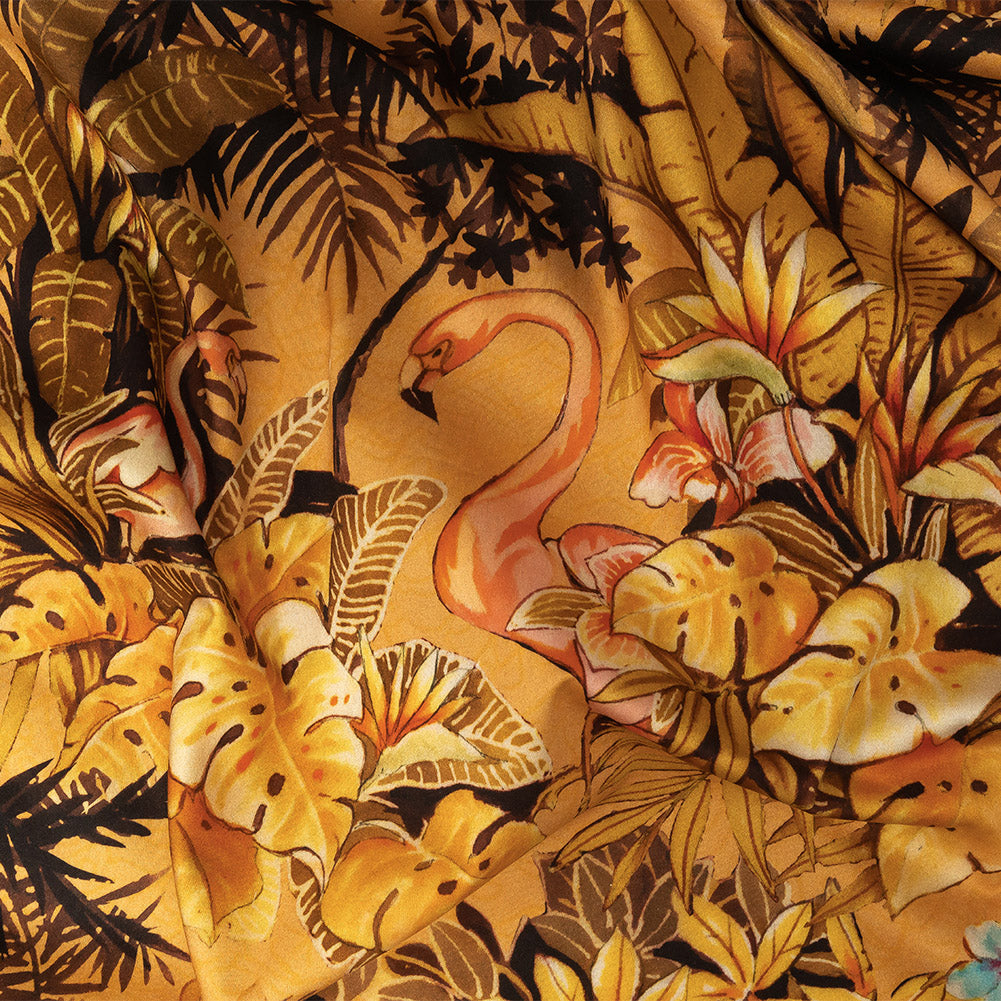 Stretch Cotton Sateen - Gold and Pink Flamingoes and Flowers - Toscana Print - Mood Exclusive Viso Collection Stretch Cotton Sateen - Gold and Pink Flamingoes and Flowers - Toscana Print - Mood Exclusive Viso Collection