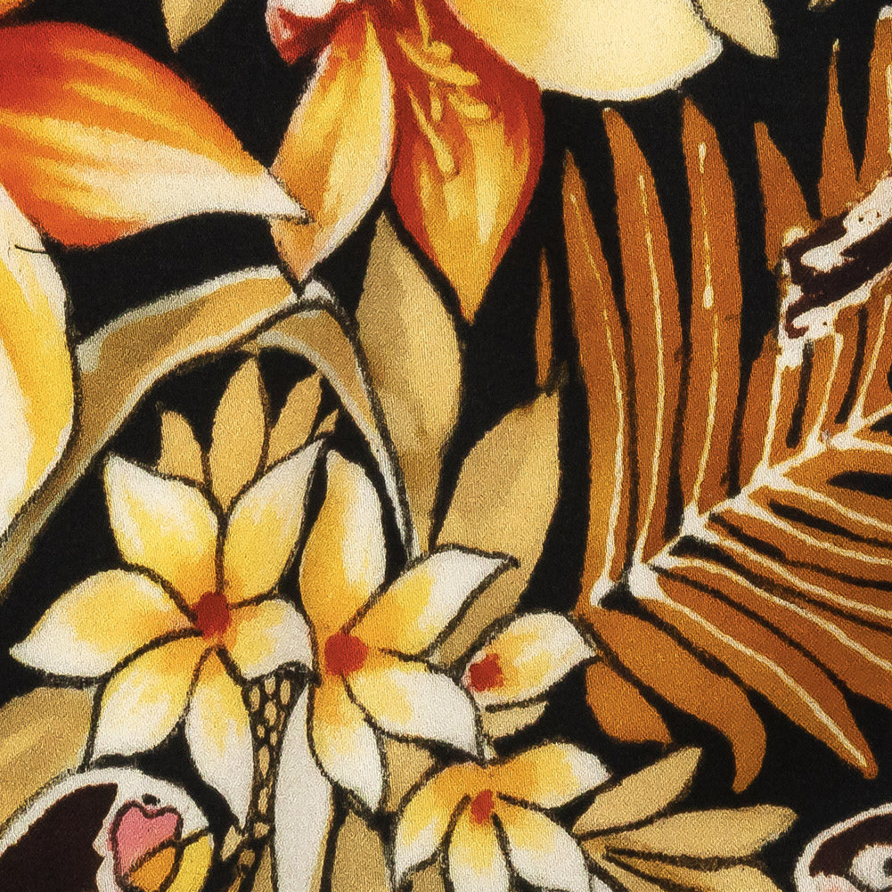 Stretch Cotton Sateen - Black and Gold Floral - Chiaroscuro Print - Mood Exclusive Viso Collection Detail Stretch Cotton Sateen - Black and Gold Floral - Chiaroscuro Print - Mood Exclusive Viso Collection Detail