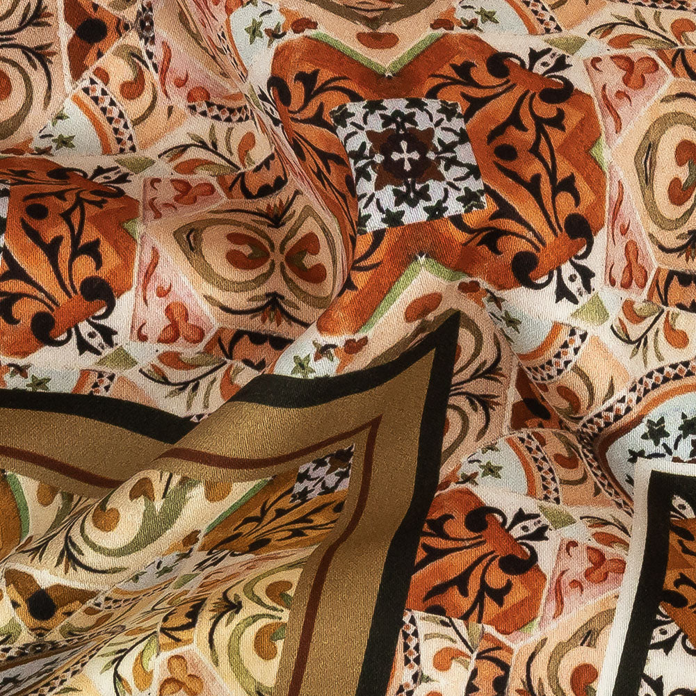 Stretch Cotton Sateen - Pink and Orange Ornate Patchwork - Arabesco Print - Mood Exclusive Viso Collection Detail Stretch Cotton Sateen - Pink and Orange Ornate Patchwork - Arabesco Print - Mood Exclusive Viso Collection Detail