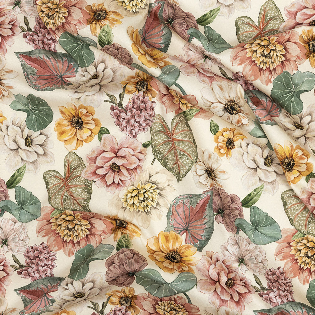Stretch Cotton Sateen - Soft Pink and Green Floral - Botticelli Print - Mood Exclusive Viso Collection Stretch Cotton Sateen - Soft Pink and Green Floral - Botticelli Print - Mood Exclusive Viso Collection