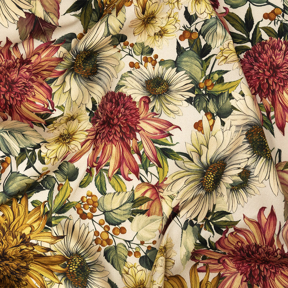 Stretch Cotton Sateen - Cream, Red and Yellow Floral - Sogni d'Oro Print - Mood Exclusive Viso Collection Stretch Cotton Sateen - Cream, Red and Yellow Floral - Sogni d'Oro Print - Mood Exclusive Viso Collection