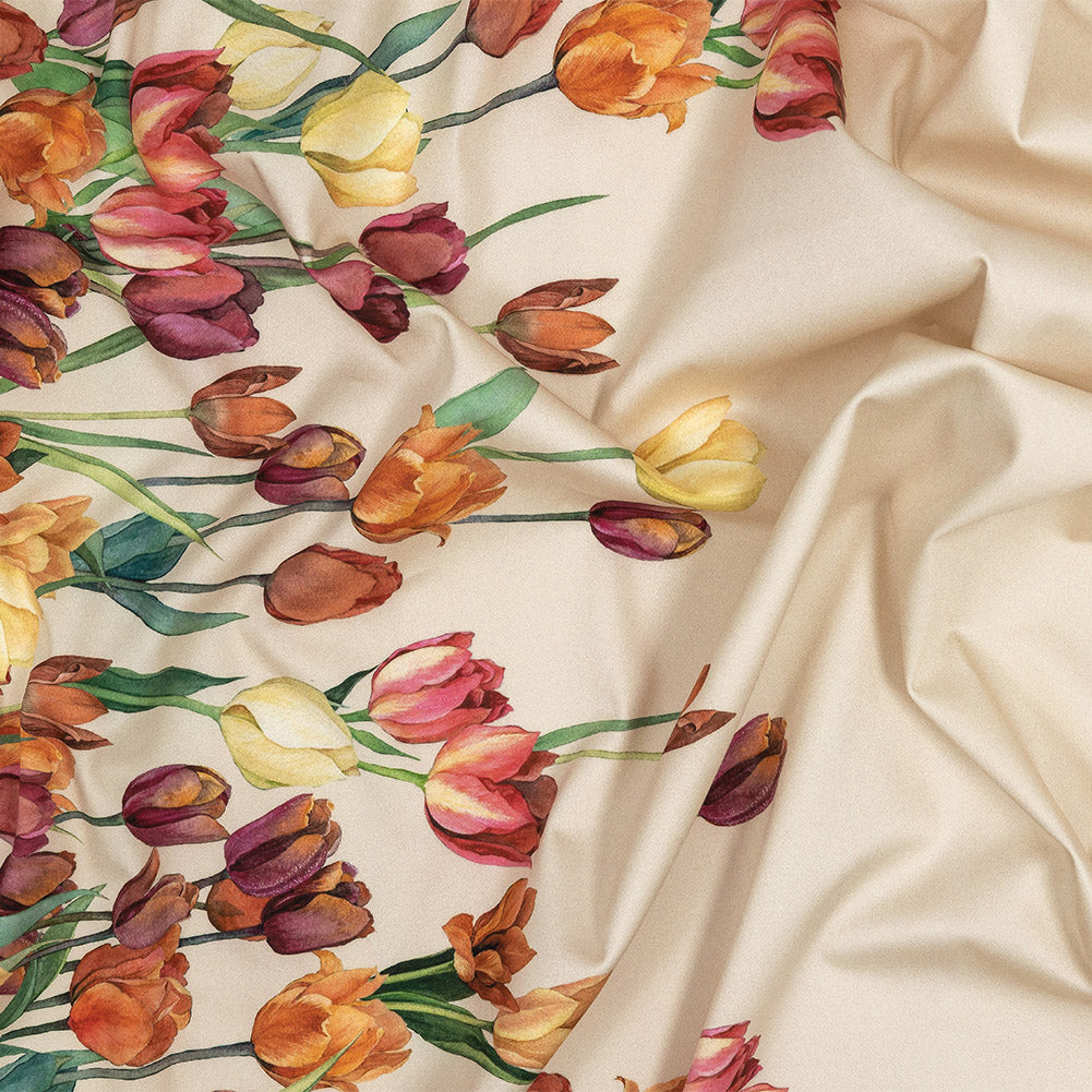 Stretch Cotton Sateen - Pink, Red and Yellow Tulips Border - Camminata Print - Mood Exclusive Viso Collection Stretch Cotton Sateen - Pink, Red and Yellow Tulips Border - Camminata Print - Mood Exclusive Viso Collection