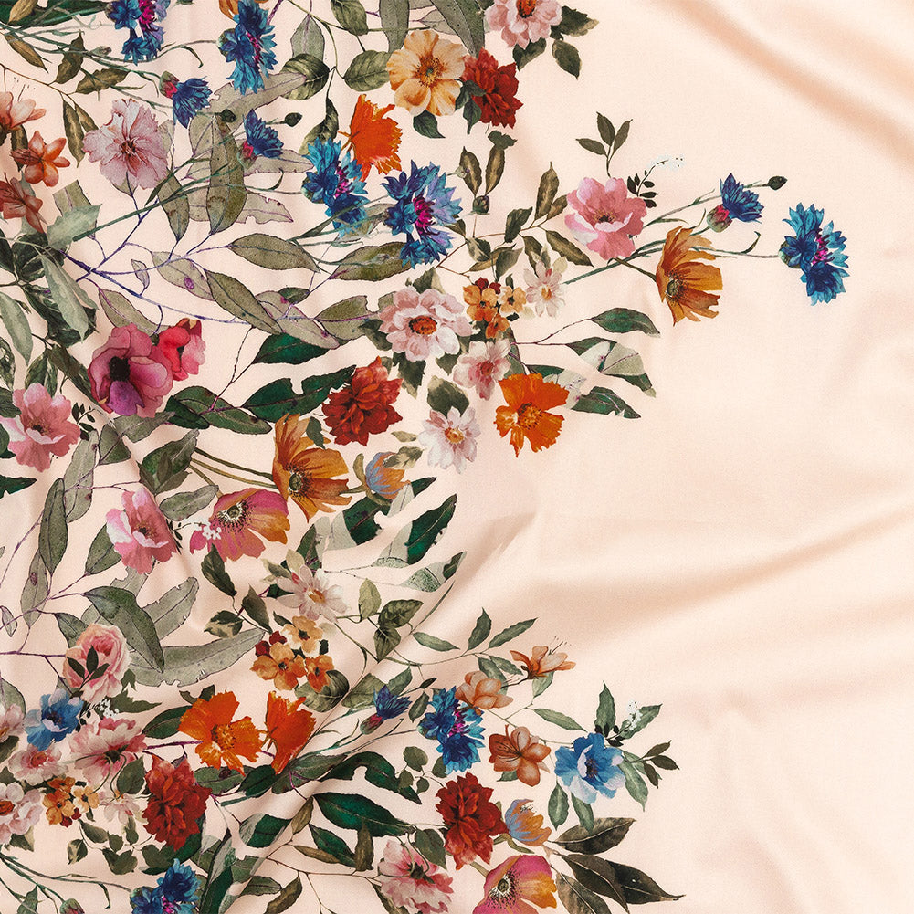 Stretch Cotton Sateen - Pink and Multicolor Floral Border - Adagio Print - Mood Exclusive Viso Collection Stretch Cotton Sateen - Pink and Multicolor Floral Border - Adagio Print - Mood Exclusive Viso Collection