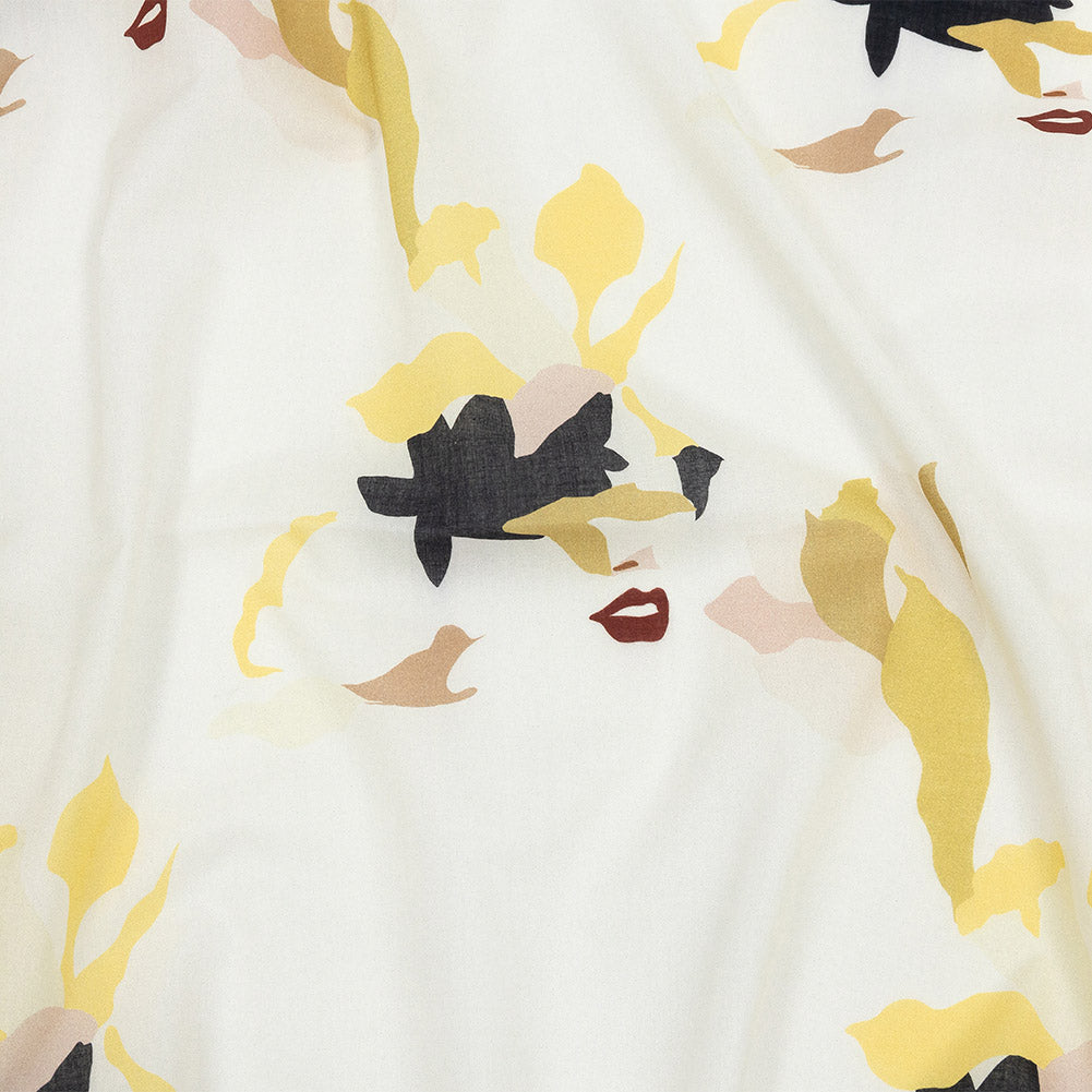 Cotton Voile - White and Yellow Floral and Faces - La Donna Print - Mood Exclusive Viso Collection Cotton Voile - White and Yellow Floral and Faces - La Donna Print - Mood Exclusive Viso Collection