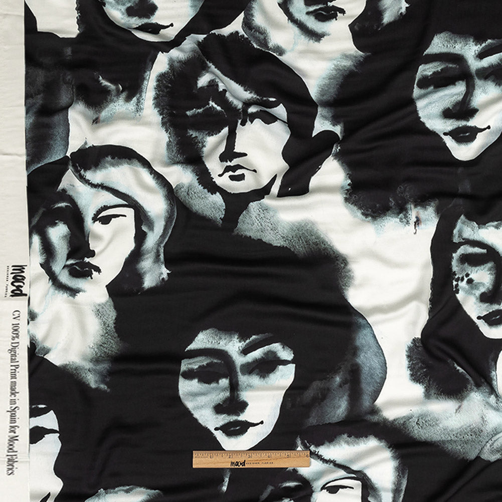 Rayon Challis - Black and White Ghostly Faces - Unearthly Portrait Print - Mood Exclusive Twilight Collection Full Rayon Challis - Black and White Ghostly Faces - Unearthly Portrait Print - Mood Exclusive Twilight Collection Full