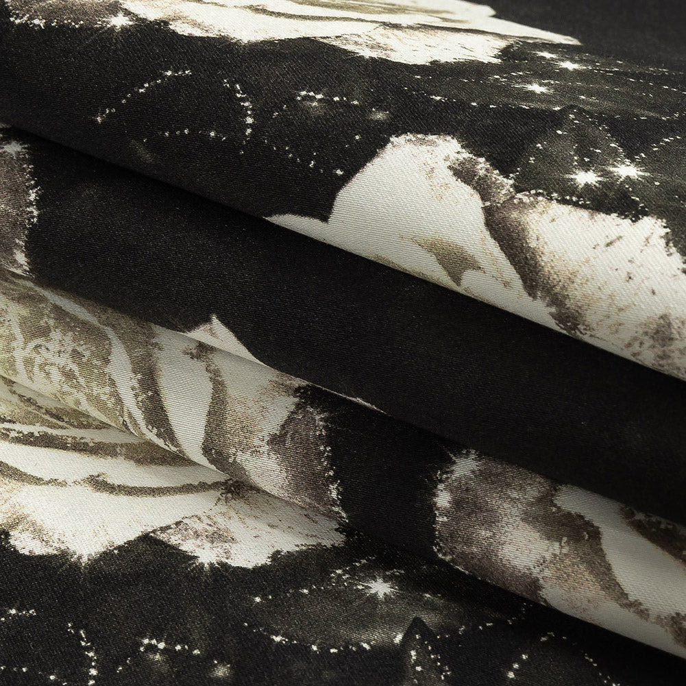 Stretch Cotton Sateen - Black and White Starry Floral - Rose Dread Print - Mood Exclusive Twilight Collection Folded Stretch Cotton Sateen - Black and White Starry Floral - Rose Dread Print - Mood Exclusive Twilight Collection Folded