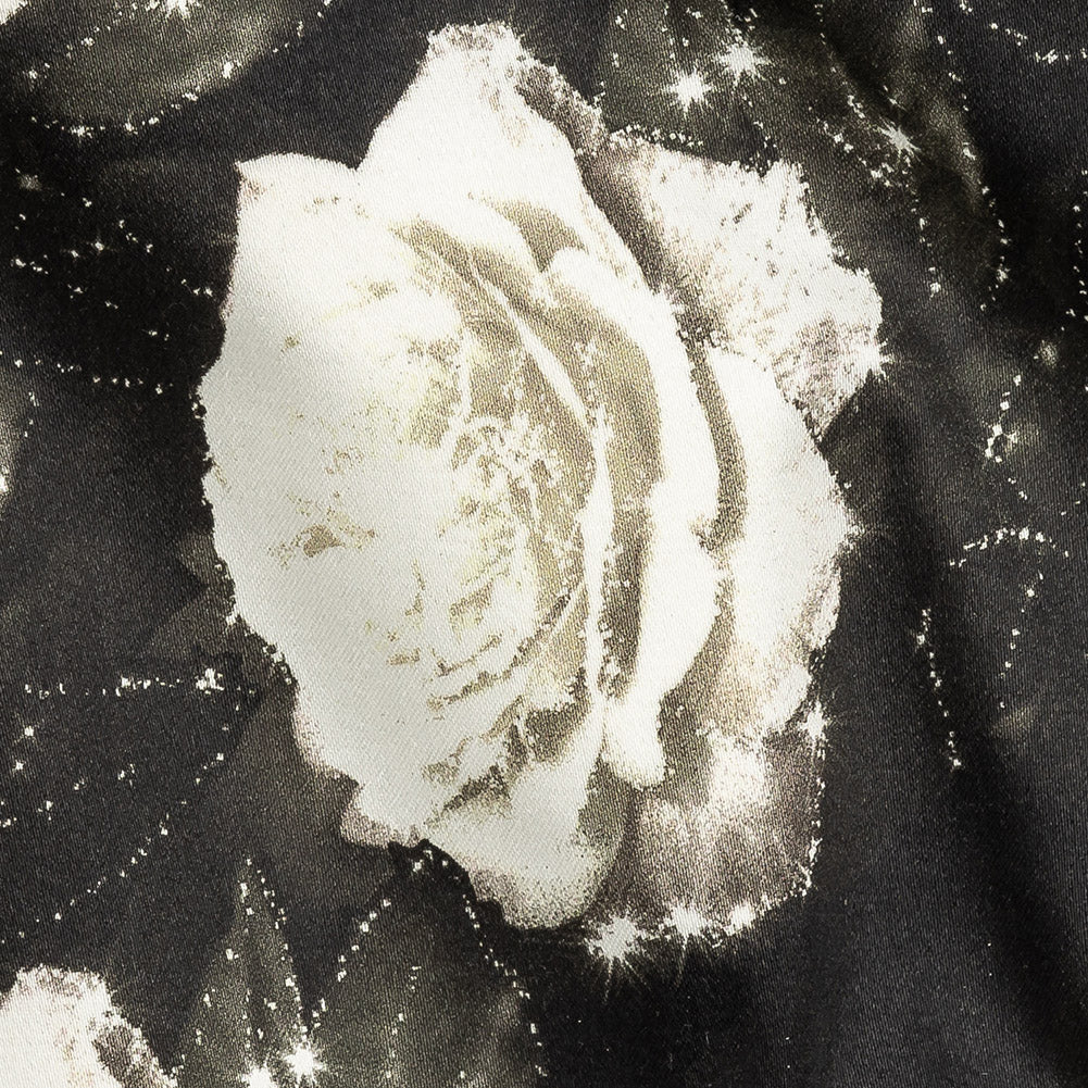Stretch Cotton Sateen - Black and White Starry Floral - Rose Dread Print - Mood Exclusive Twilight Collection Detail Stretch Cotton Sateen - Black and White Starry Floral - Rose Dread Print - Mood Exclusive Twilight Collection Detail