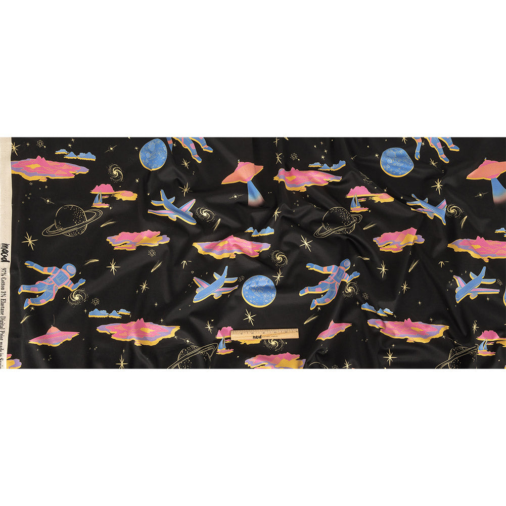 Stretch Cotton Sateen - Black, Pink and Blue Astronauts in Space - Sweet Dreams Print - Mood Exclusive Sugar Collection - Full Stretch Cotton Sateen - Black, Pink and Blue Astronauts in Space - Sweet Dreams Print - Mood Exclusive Sugar Collection - Full