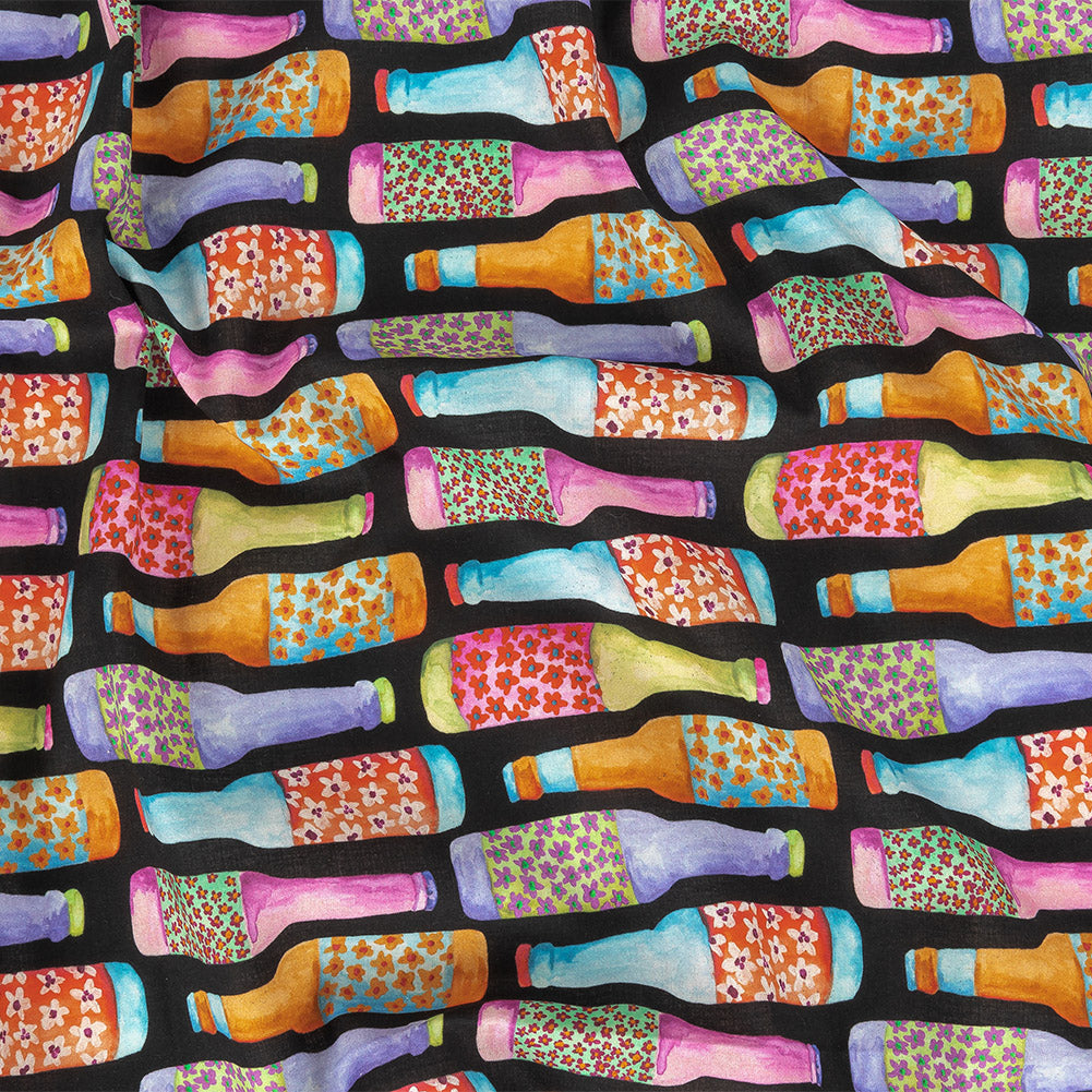 Cotton Voile - Rainbow Bottles on Black - Pop Bottle Parade Print - Mood Exclusive Sugar Collection Cotton Voile - Rainbow Bottles on Black - Pop Bottle Parade Print - Mood Exclusive Sugar Collection