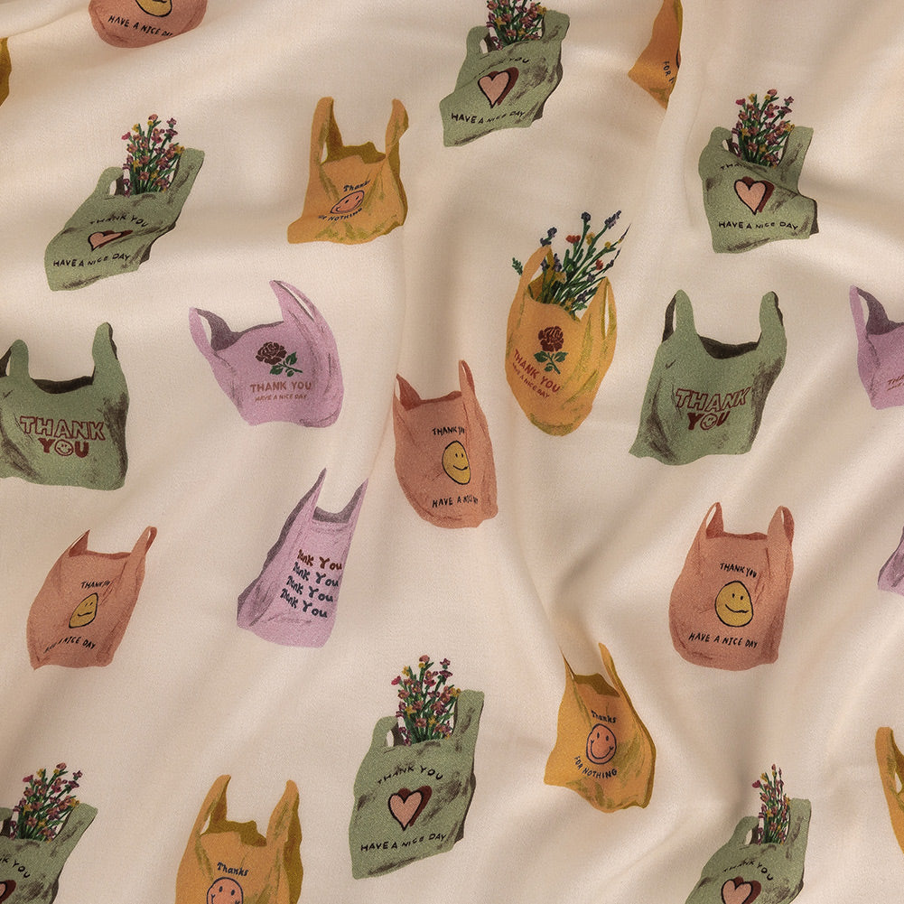 Rayon Challis - Purple, Yellow and Green Shopping Bags - Come Again Soon Print - Mood Exclusive Wisteria Collection Rayon Challis - Purple, Yellow and Green Shopping Bags - Come Again Soon Print - Mood Exclusive Wisteria Collection