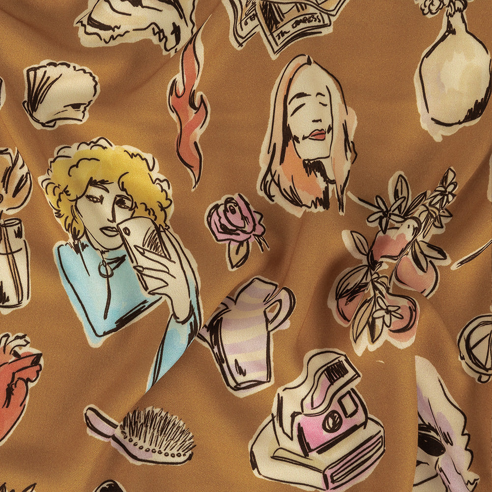 Rayon Challis - Golden Faces and Objects - Everyday Goddess Print - Mood Exclusive Wisteria Collection Rayon Challis - Golden Faces and Objects - Everyday Goddess Print - Mood Exclusive Wisteria Collection