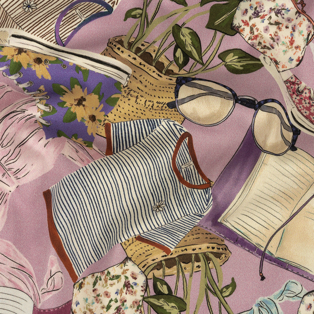 Stretch Cotton Sateen - Lavender Clothes and Plants - Morning Memory Print - Mood Exclusive Wisteria Collection Stretch Cotton Sateen - Lavender Clothes and Plants - Morning Memory Print - Mood Exclusive Wisteria Collection