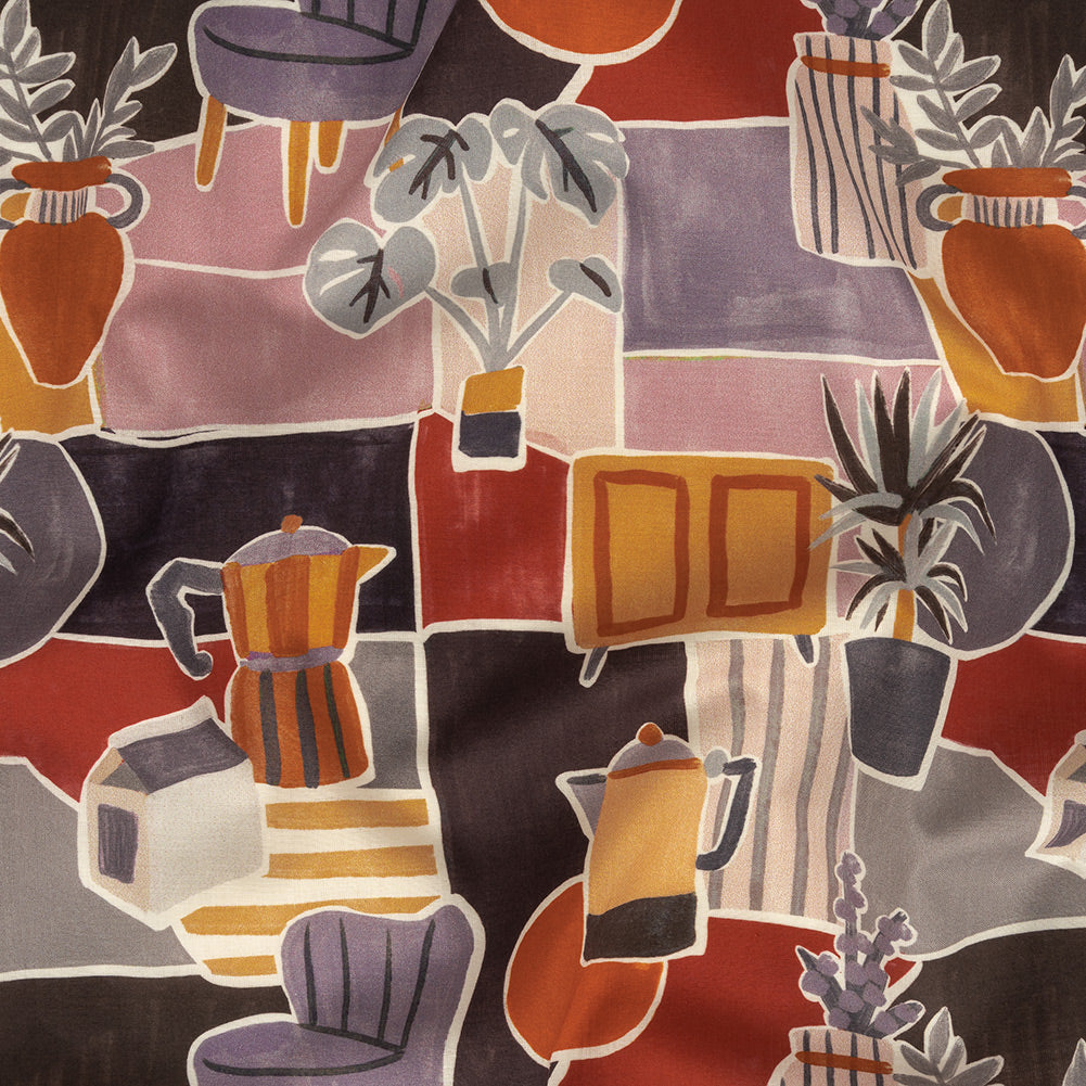 Cotton Voile - Purple and Orange Plants and Furniture - Peaceful Waking Print - Mood Exclusive Wisteria Collection Cotton Voile - Purple and Orange Plants and Furniture - Peaceful Waking Print - Mood Exclusive Wisteria Collection