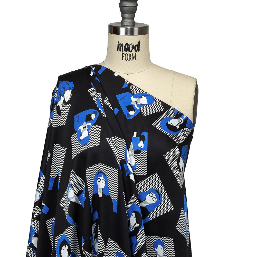 Rayon Challis - Blue and Black Talking Heads - In the Blues Print - Mood Exclusive Indigo Collection - Drape Rayon Challis - Blue and Black Talking Heads - In the Blues Print - Mood Exclusive Indigo Collection - Drape