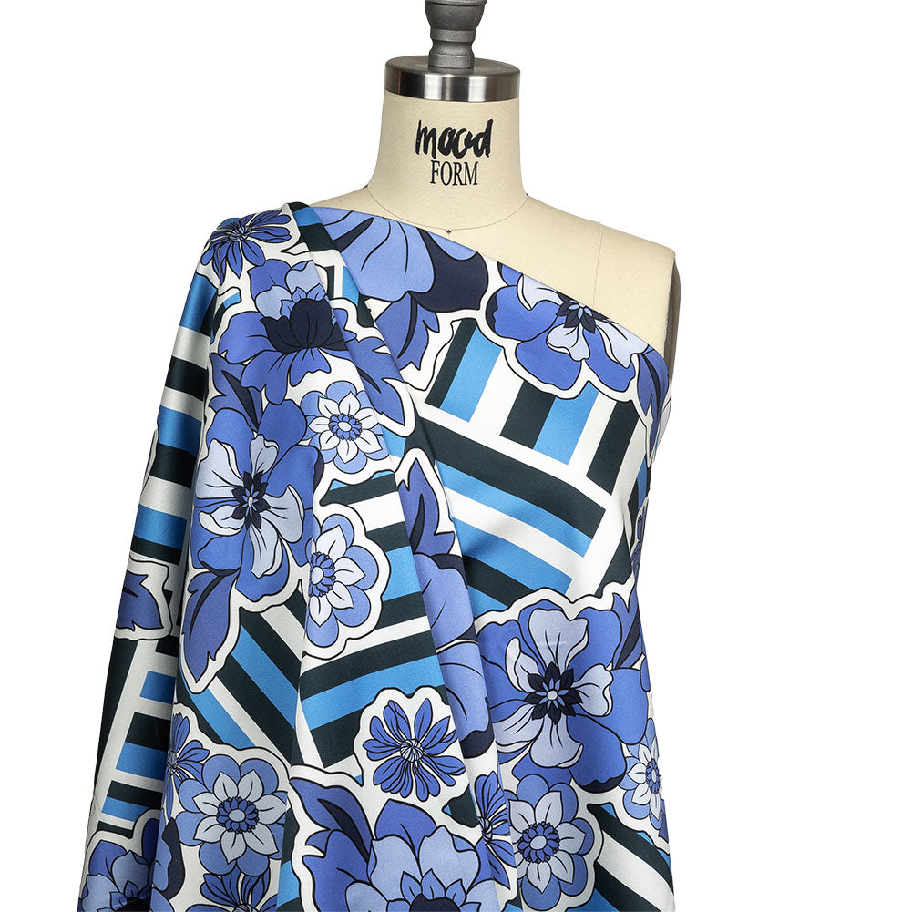 Stretch Cotton Sateen - Flowers and Stripes - Stuck on Blue Print - Mood Exclusive Indigo Collection - Drape Stretch Cotton Sateen - Flowers and Stripes - Stuck on Blue Print - Mood Exclusive Indigo Collection - Drape