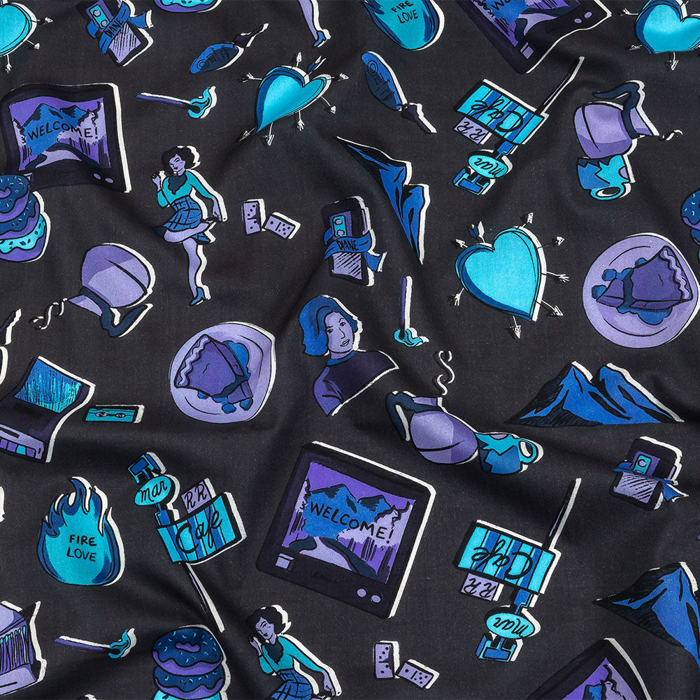 Cotton Voile - Purple and Blue Iconic Symbols - Live at Sun Studio Print - Mood Exclusive Indigo Collection Cotton Voile - Purple and Blue Iconic Symbols - Live at Sun Studio Print - Mood Exclusive Indigo Collection