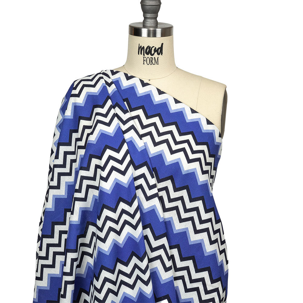 Linen and Rayon Woven - Blue and Black Zig Zags - Blues Night Print - Mood Exclusive Indigo Collection - Drape Linen and Rayon Woven - Blue and Black Zig Zags - Blues Night Print - Mood Exclusive Indigo Collection - Drape