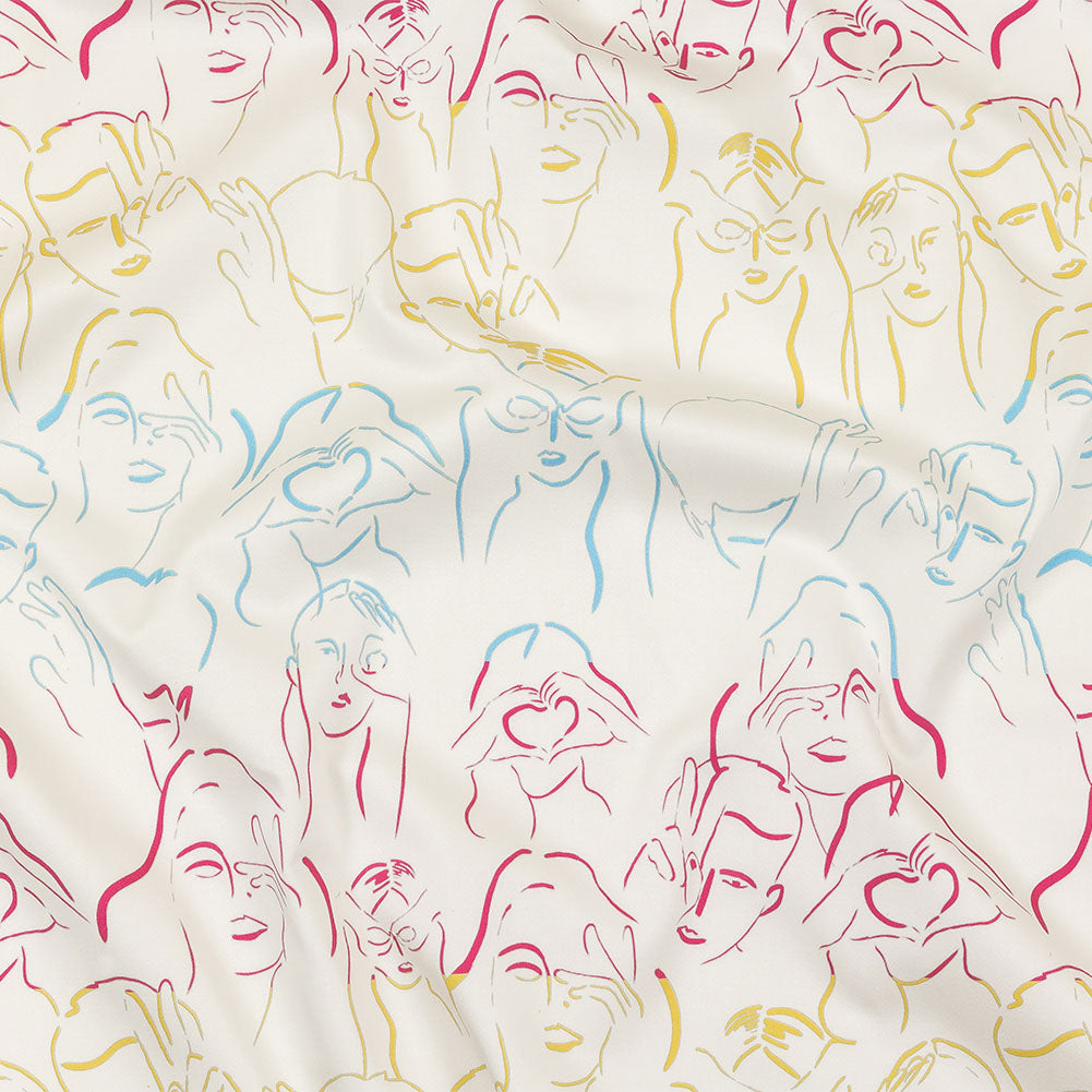 Stretch Cotton Sateen - Blue, Yellow and Pink Faces and Hands - Language of Love Print - Mood Exclusive Pride Collection Stretch Cotton Sateen - Blue, Yellow and Pink Faces and Hands - Language of Love Print - Mood Exclusive Pride Collection