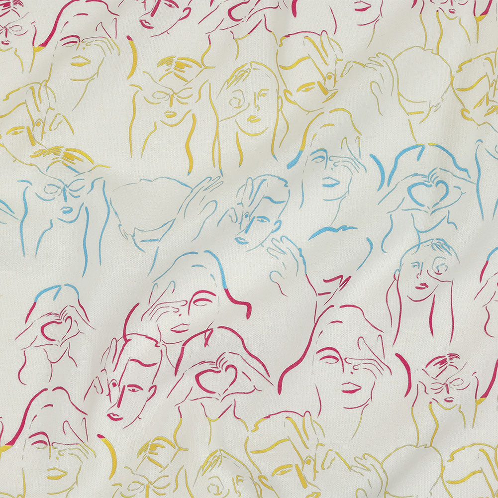 Linen and Rayon Woven - Blue, Yellow and Pink Faces and Hands - Language of Love Print - Mood Exclusive Pride Collection Linen and Rayon Woven - Blue, Yellow and Pink Faces and Hands - Language of Love Print - Mood Exclusive Pride Collection