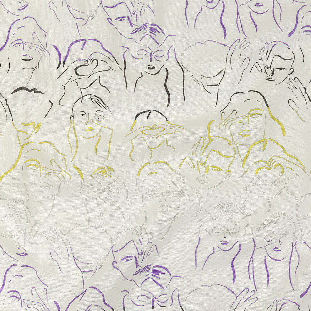 Linen and Rayon Woven - Purple, Yellow and Black Faces and Hands - Language of Love Print - Mood Exclusive Pride Collection Linen and Rayon Woven - Purple, Yellow and Black Faces and Hands - Language of Love Print - Mood Exclusive Pride Collection