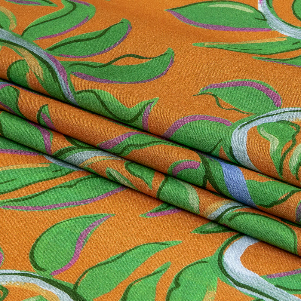 Rayon Challis - Orange and Green Foliage - Looking Vine Print - Mood Exclusive Citrus Collection - Folded Rayon Challis - Orange and Green Foliage - Looking Vine Print - Mood Exclusive Citrus Collection - Folded