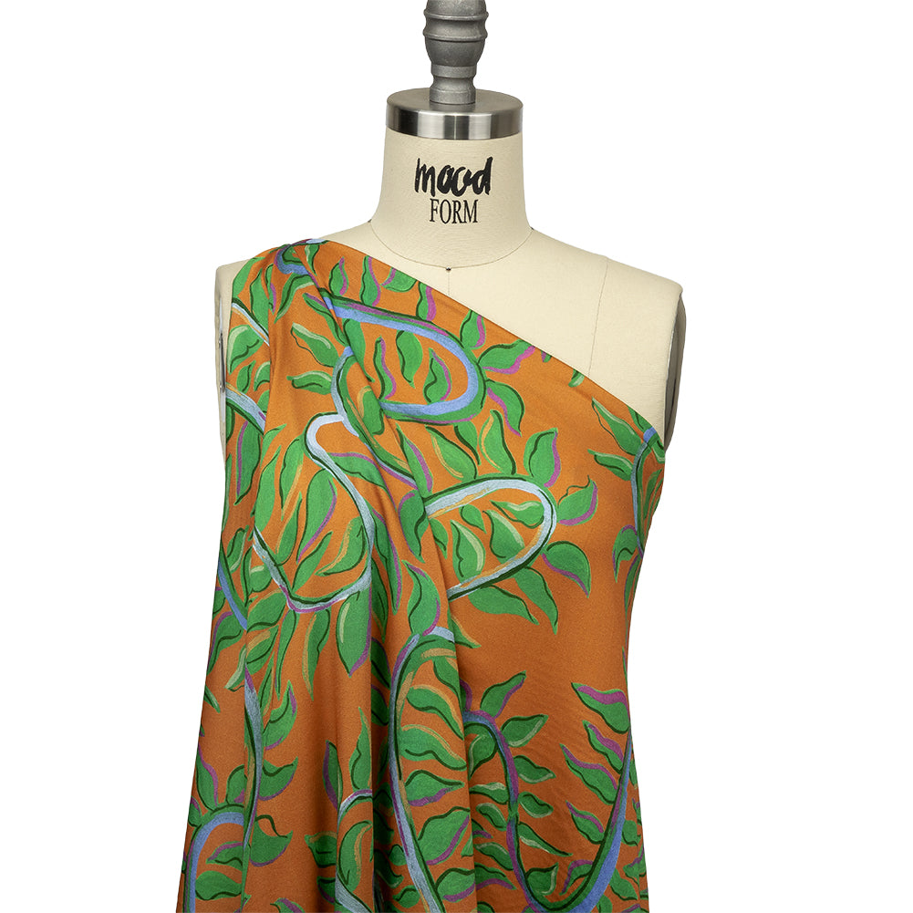 Rayon Challis - Orange and Green Foliage - Looking Vine Print - Mood Exclusive Citrus Collection - Drape Rayon Challis - Orange and Green Foliage - Looking Vine Print - Mood Exclusive Citrus Collection - Drape