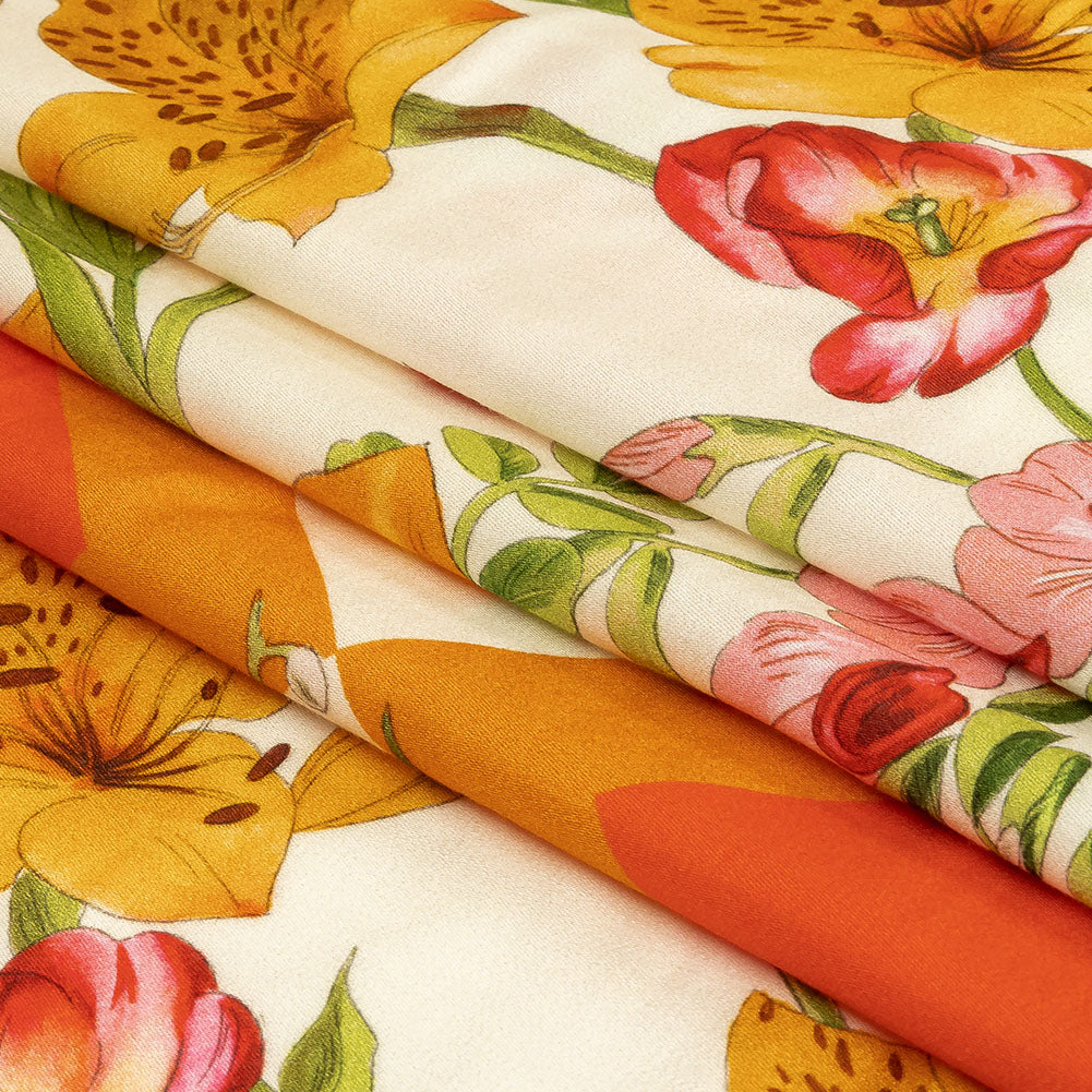 Rayon Challis - Orange and Pink Floral - Golden Garden Print - Mood Exclusive Citrus Collection - Folded Rayon Challis - Orange and Pink Floral - Golden Garden Print - Mood Exclusive Citrus Collection - Folded