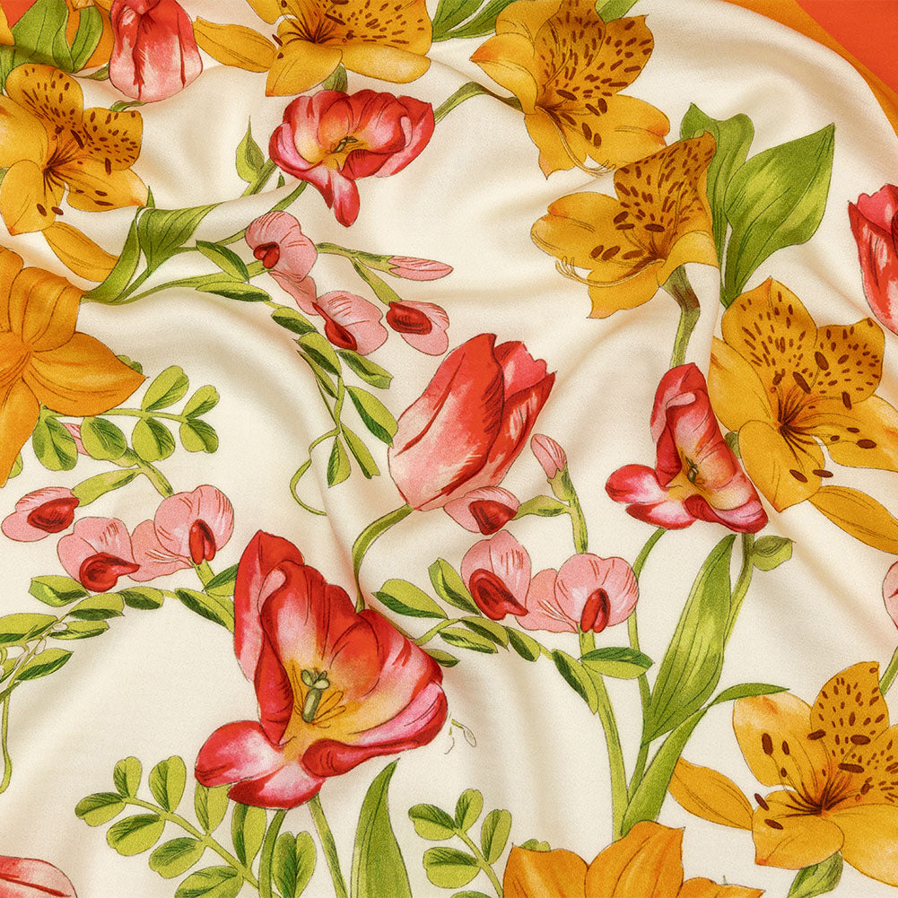 Rayon Challis - Orange and Pink Floral - Golden Garden Print - Mood Exclusive Citrus Collection Rayon Challis - Orange and Pink Floral - Golden Garden Print - Mood Exclusive Citrus Collection
